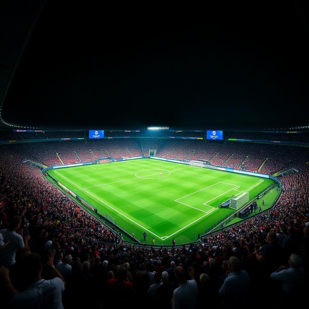 Morocco Abbreviated MAR: Wide view of a packed soccer stadium at night with floodlit green pitch and a roaring crowd in the stands