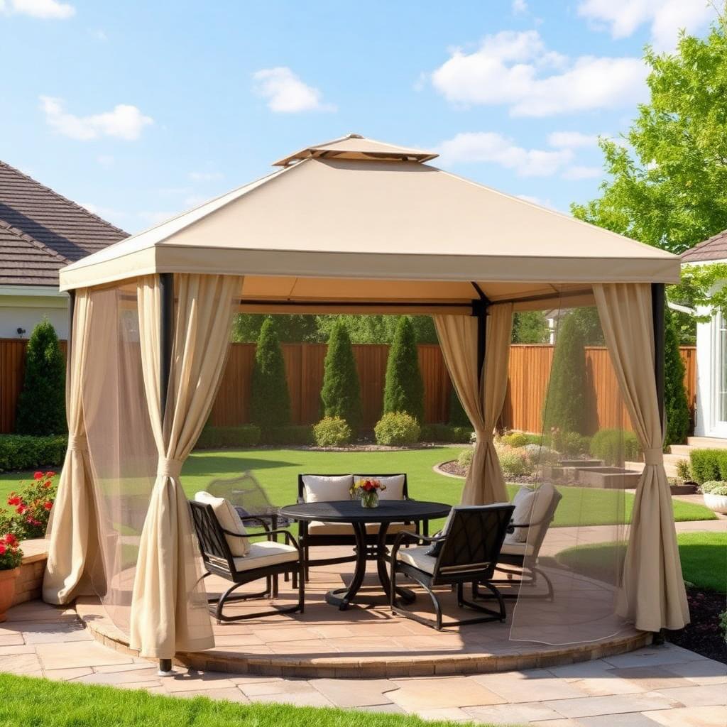A soft-top fabric canopy gazebo with mosquito netting in a residential backyard garden patio