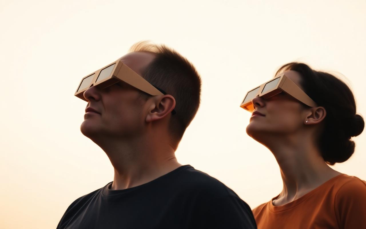 Two people wearing certified cardboard eclipse glasses to watch a total solar eclipse safely