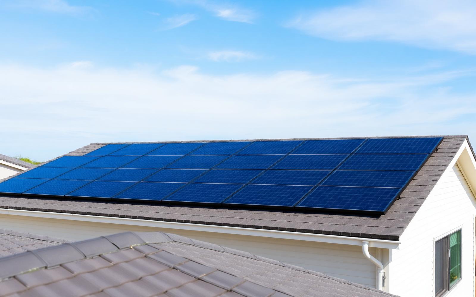 Solar panels on the sloped roof of a modern suburban home under a blue sky, the most common partner for the Octopus Nook home battery in real installations