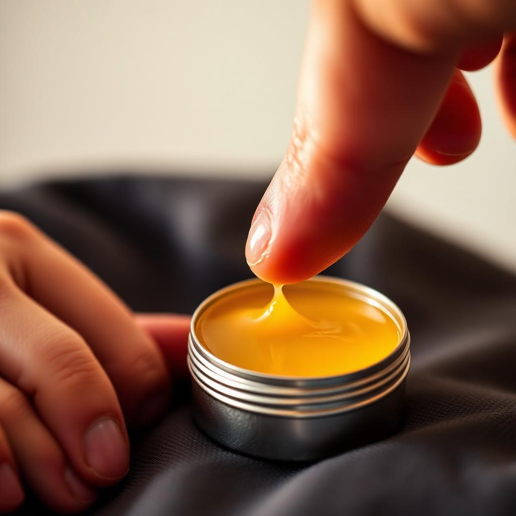 A man hand dipping a finger into a small open silver travel tin of amber solid cologne balm
