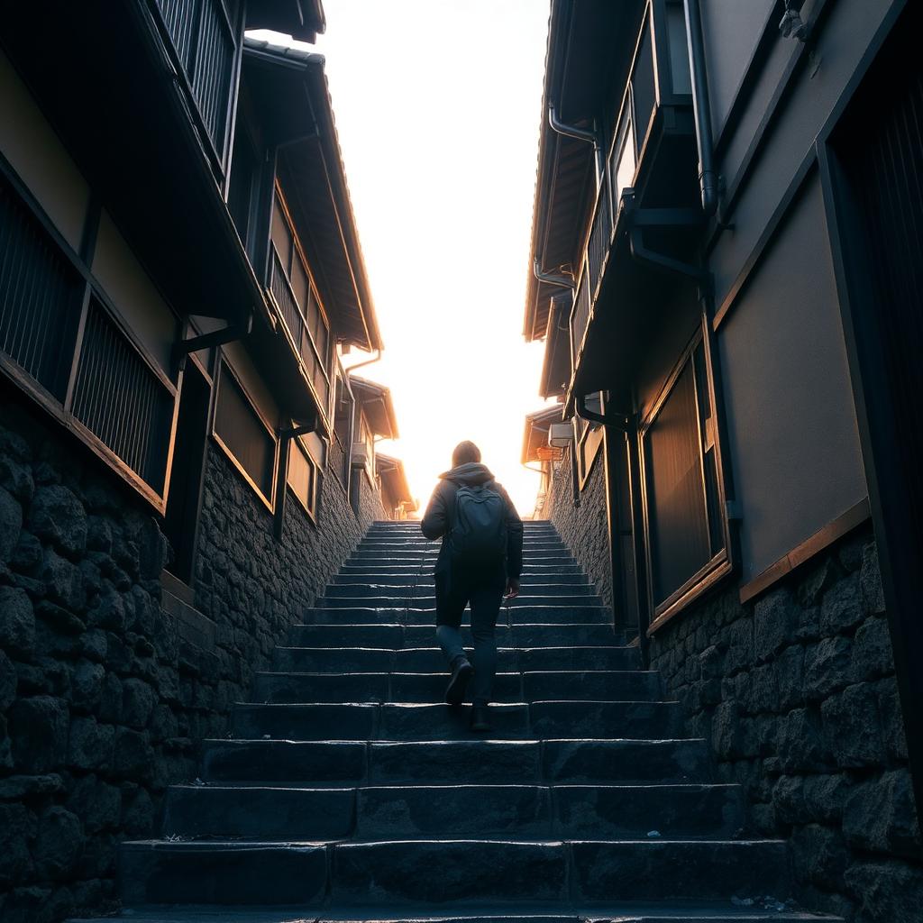 A lone backpacker climbing a stone staircase between traditional Japanese wooden buildings at dawn seen from behind