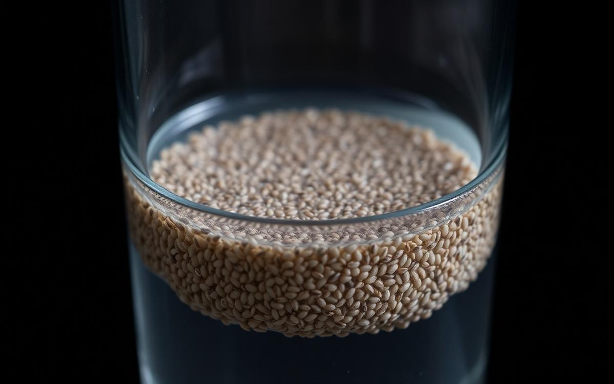 Chia seeds soaking in a glass of water forming a thick gel that shows how soluble fiber behaves