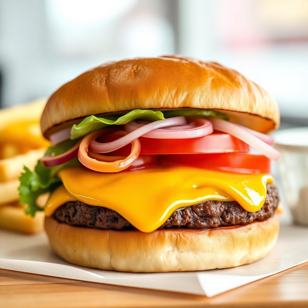Classic American cheeseburger with onion, lettuce and tomato on a soft bun