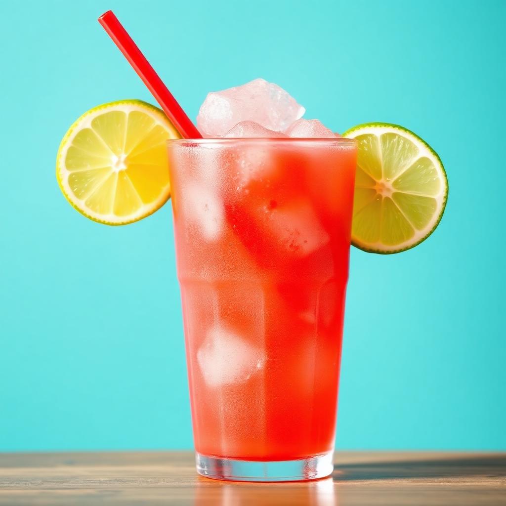 Cherry limeade slush drink with ice and lime slices in a clear cup
