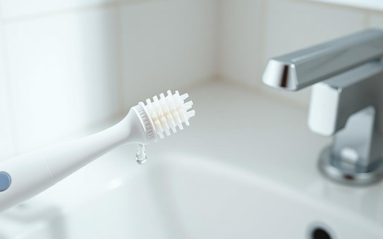 A smiling woman brushing her front teeth with a white sonic electric toothbrush at a 45 degree angle to the gumline