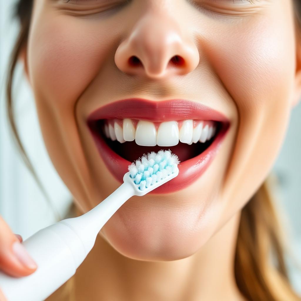 Sonic electric toothbrush head held at a 45-degree angle over a bathroom sink with a drop of toothpaste