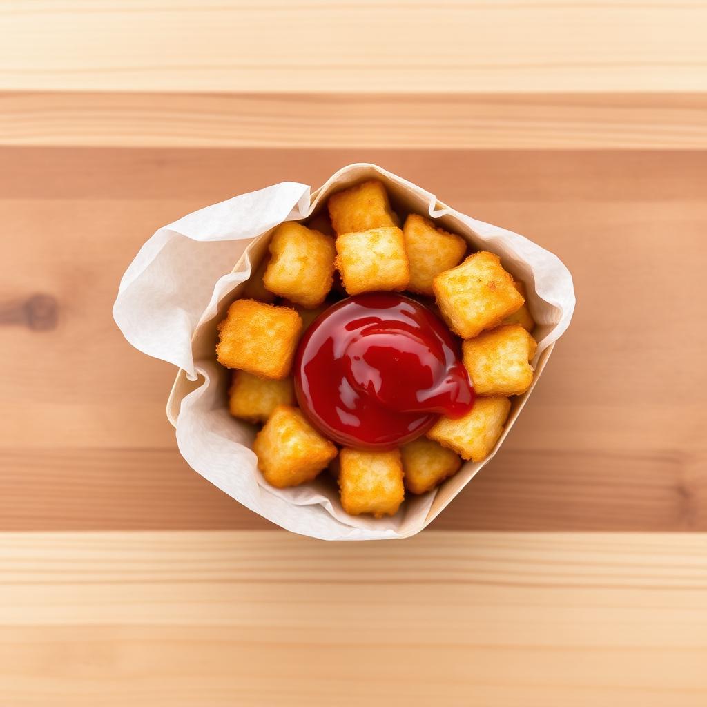 Crispy golden tater tots in a small cardboard tray with ketchup, overhead view