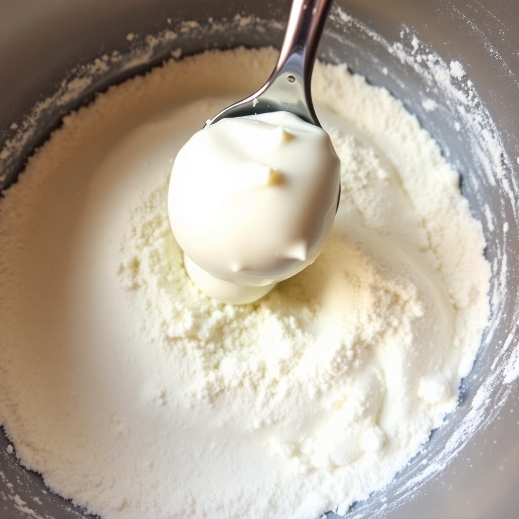 A spoonful of thick sour cream being added to a bowl of flour for biscuit making