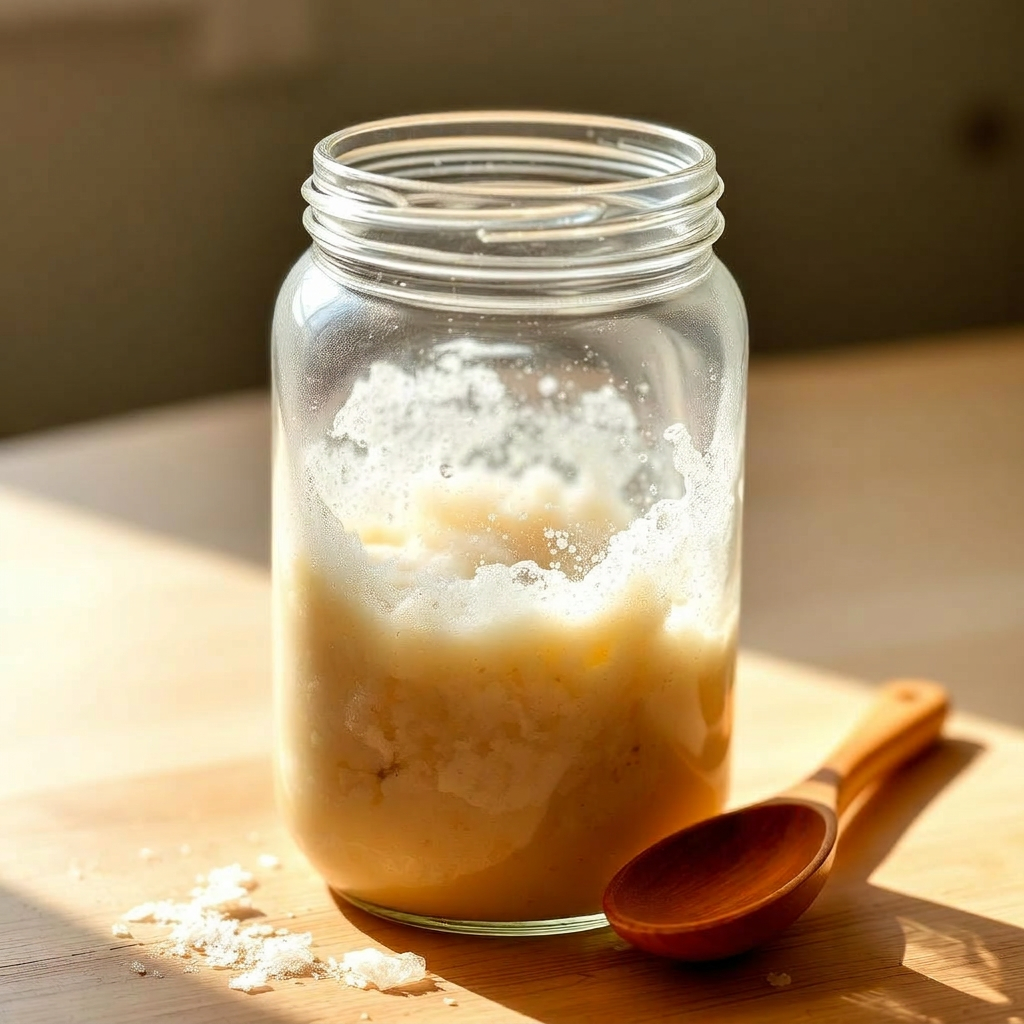 Bubbly active sourdough discard in a glass jar with a wooden spoon nearby