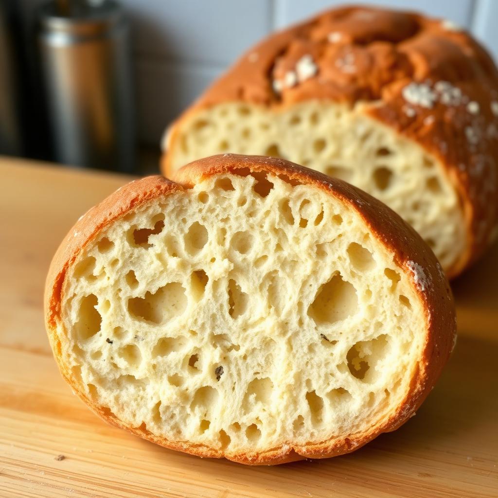 Round sourdough boule cut in half showing the open airy crumb structure
