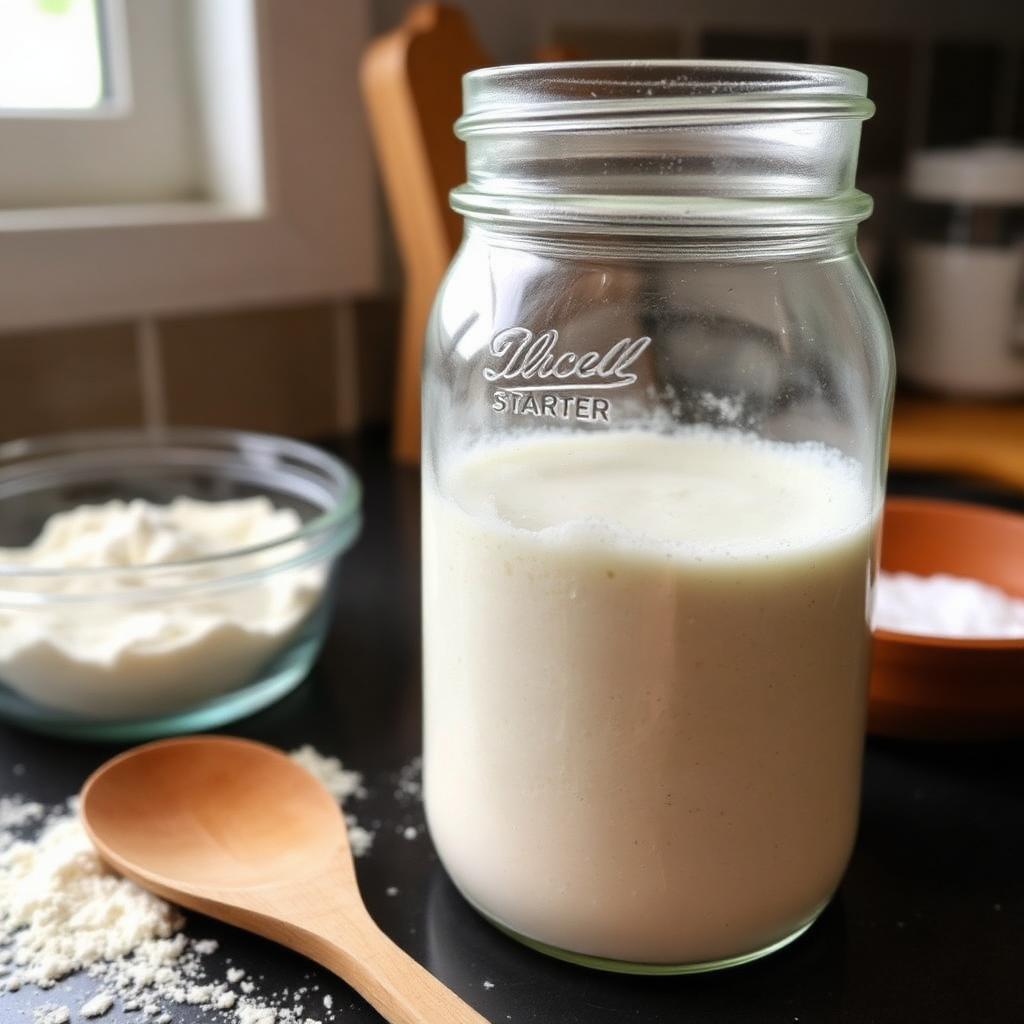 Bubbling fresh sourdough starter in a glass jar on a kitchen counter with flour