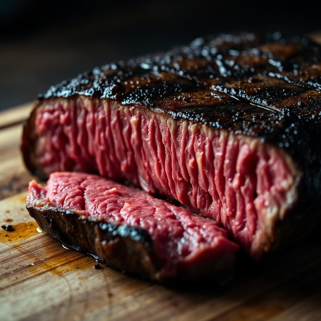 Crosscut of a medium-rare sous vide cooked steak on a wooden board showing edge-to-edge pink interior and a thin dark seared crust