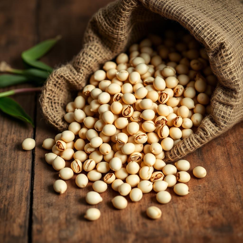 the Hufu Diet: Dry soy beans spilling from a rustic burlap sack onto a wooden table with green leaves