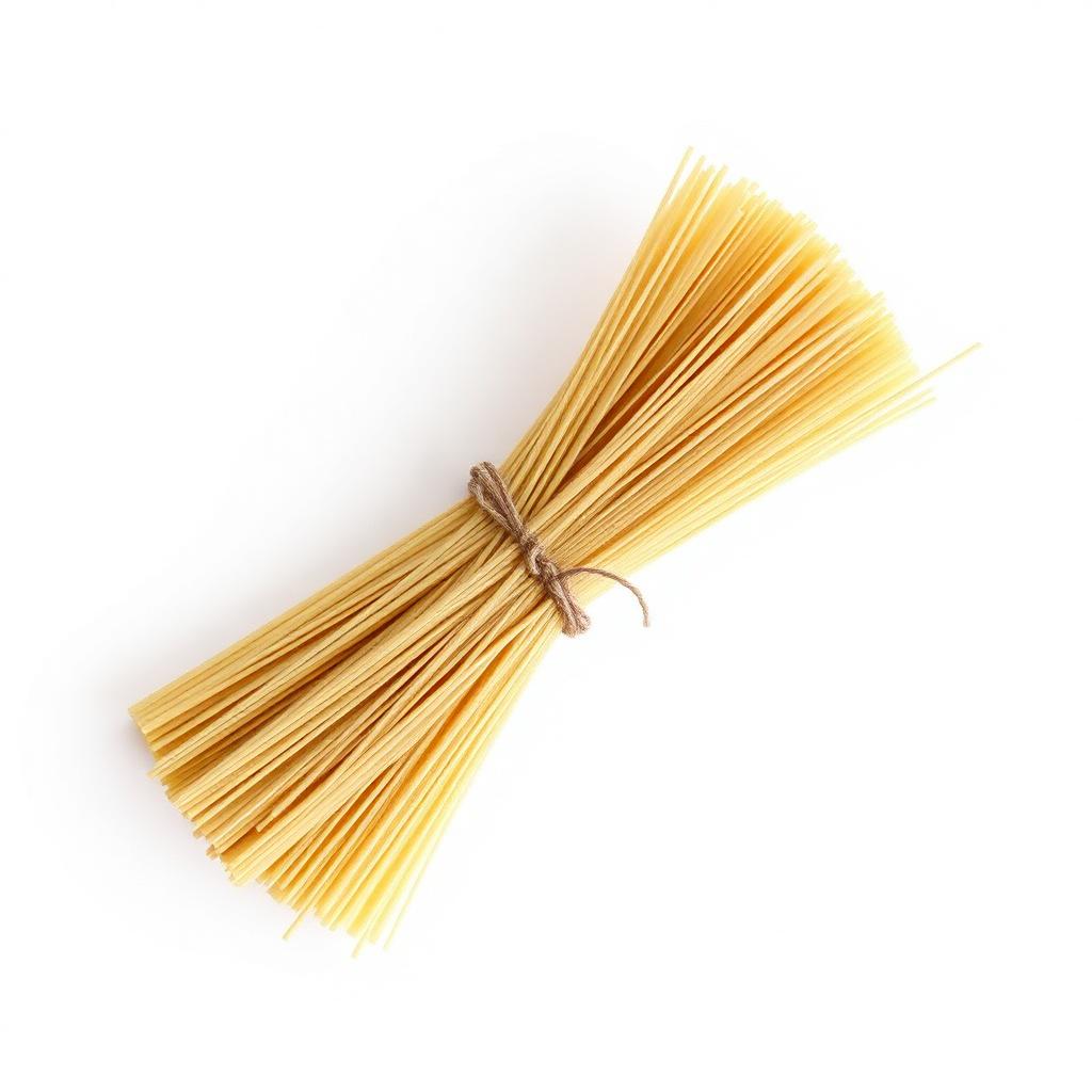 Bundle of dry spaghetti strands held together with twine on a white background