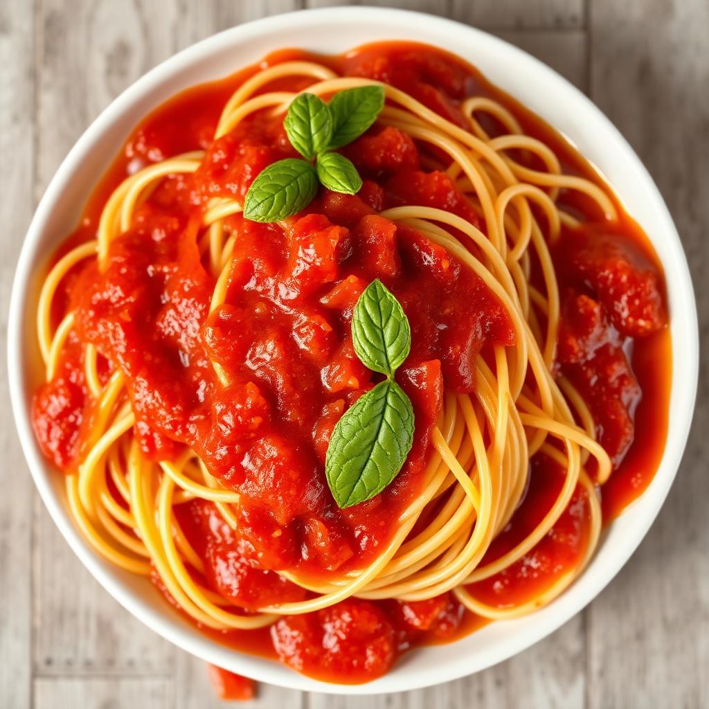 Plate of glossy spaghetti coated in rich tomato sauce clinging to every strand