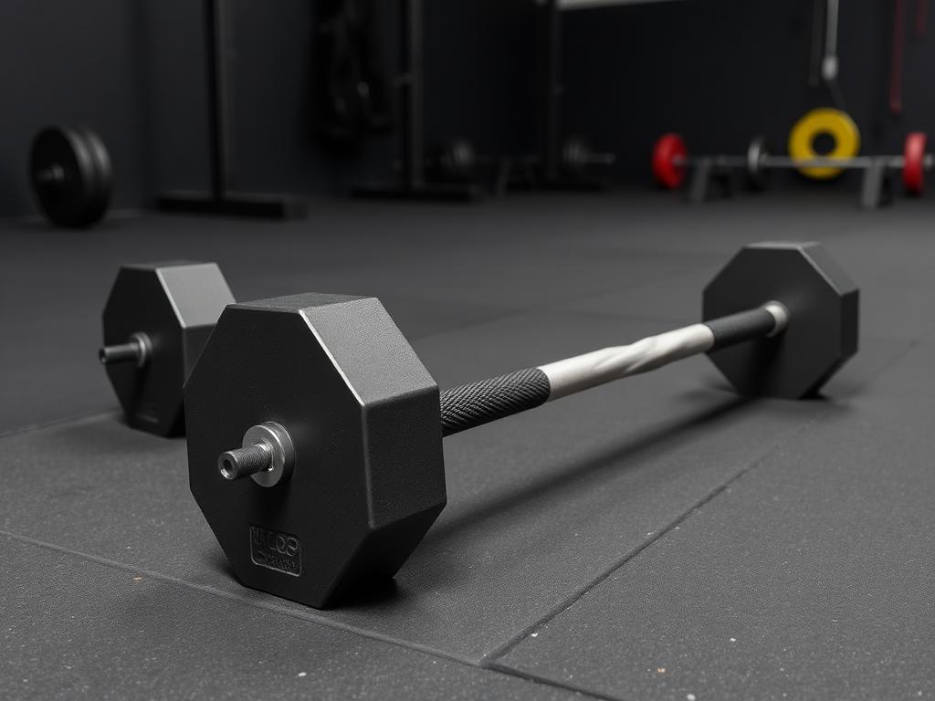 Trap bar and EZ curl bar resting on a rubber gym floor