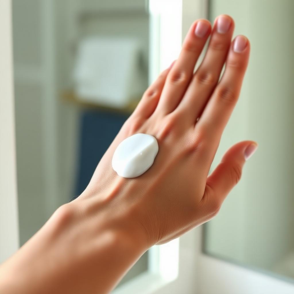 Nickel-sized dollop of white SPF face moisturizer on the back of a clean hand near a bathroom mirror