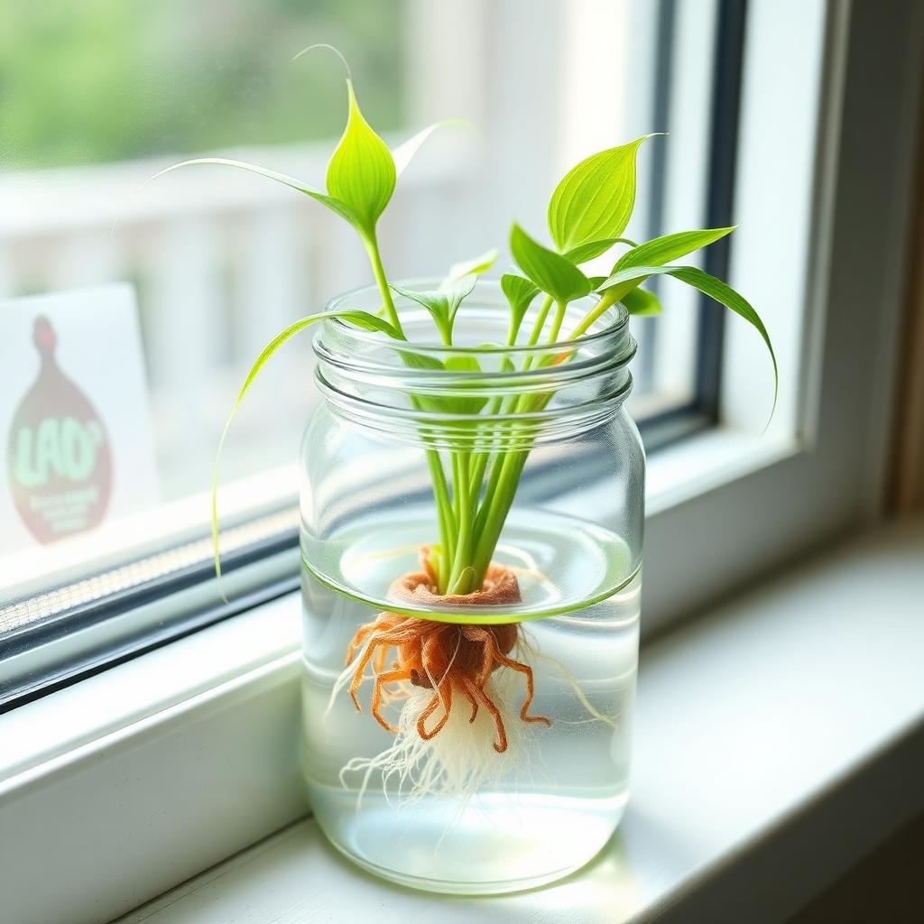 A spider plant baby pup rooting in a clear glass jar of water on a windowsill