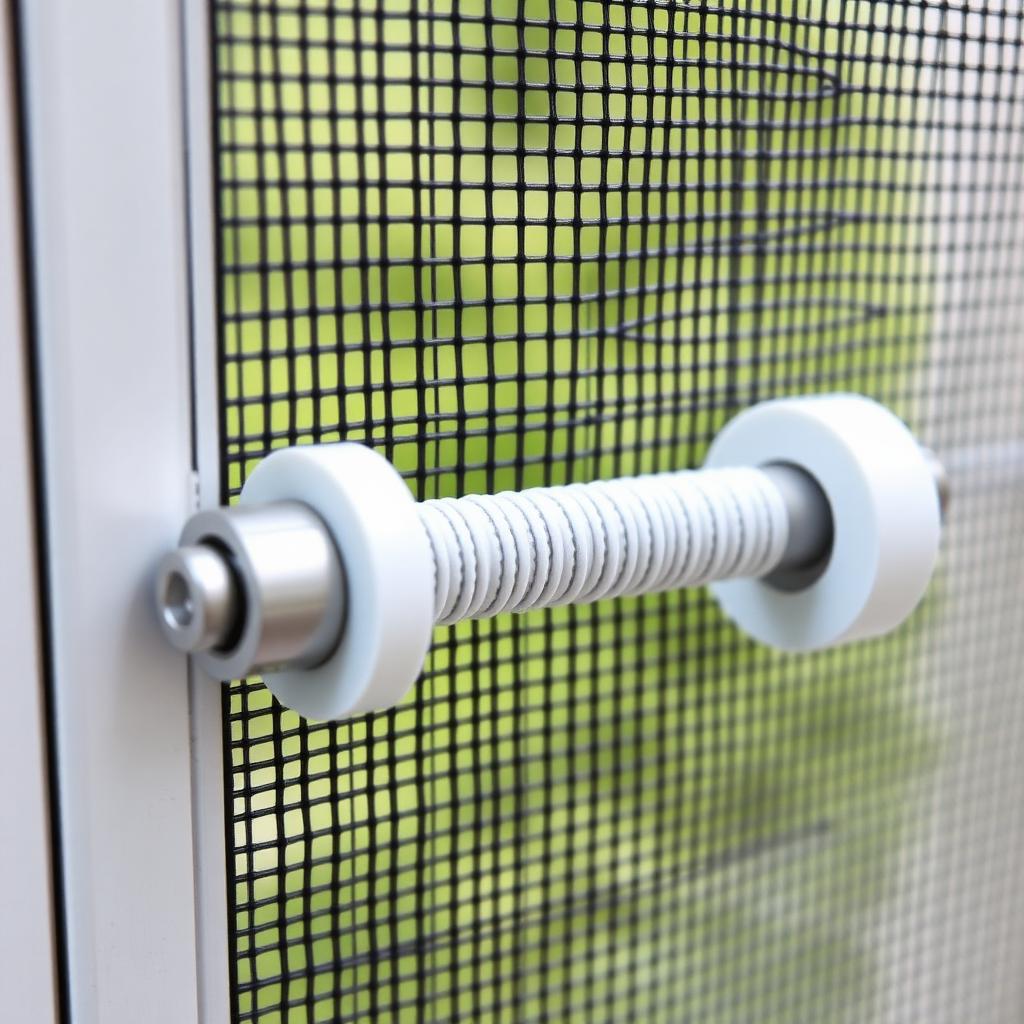 Close up of a spline roller tool pressing vinyl cord into an aluminum screen door channel