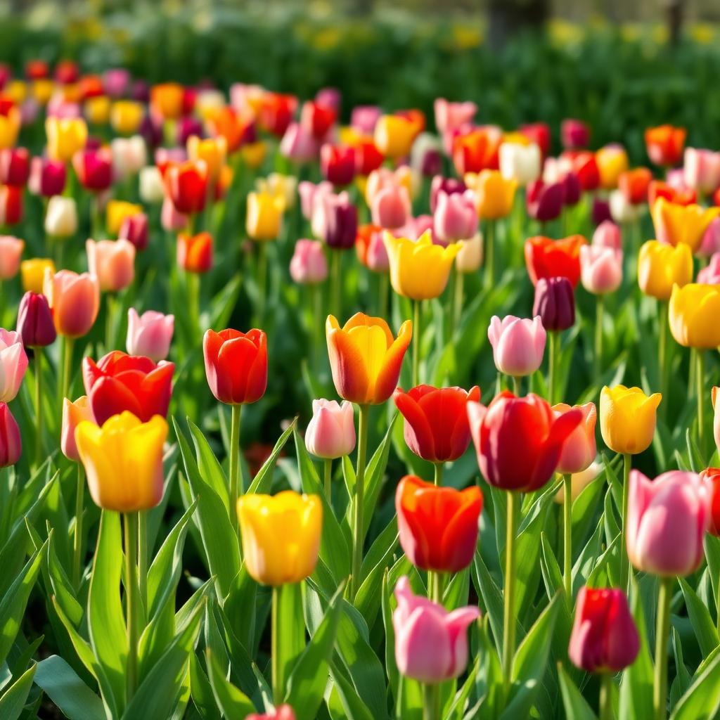 A field of mixed colorful tulips in full spring bloom with green foliage