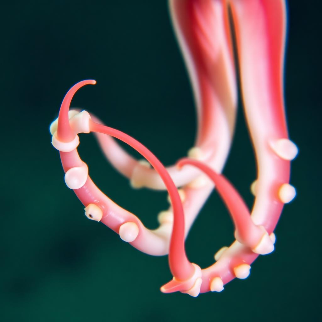 Macro close-up of squid arms and the club-tipped feeding tentacles showing rows of suction cups