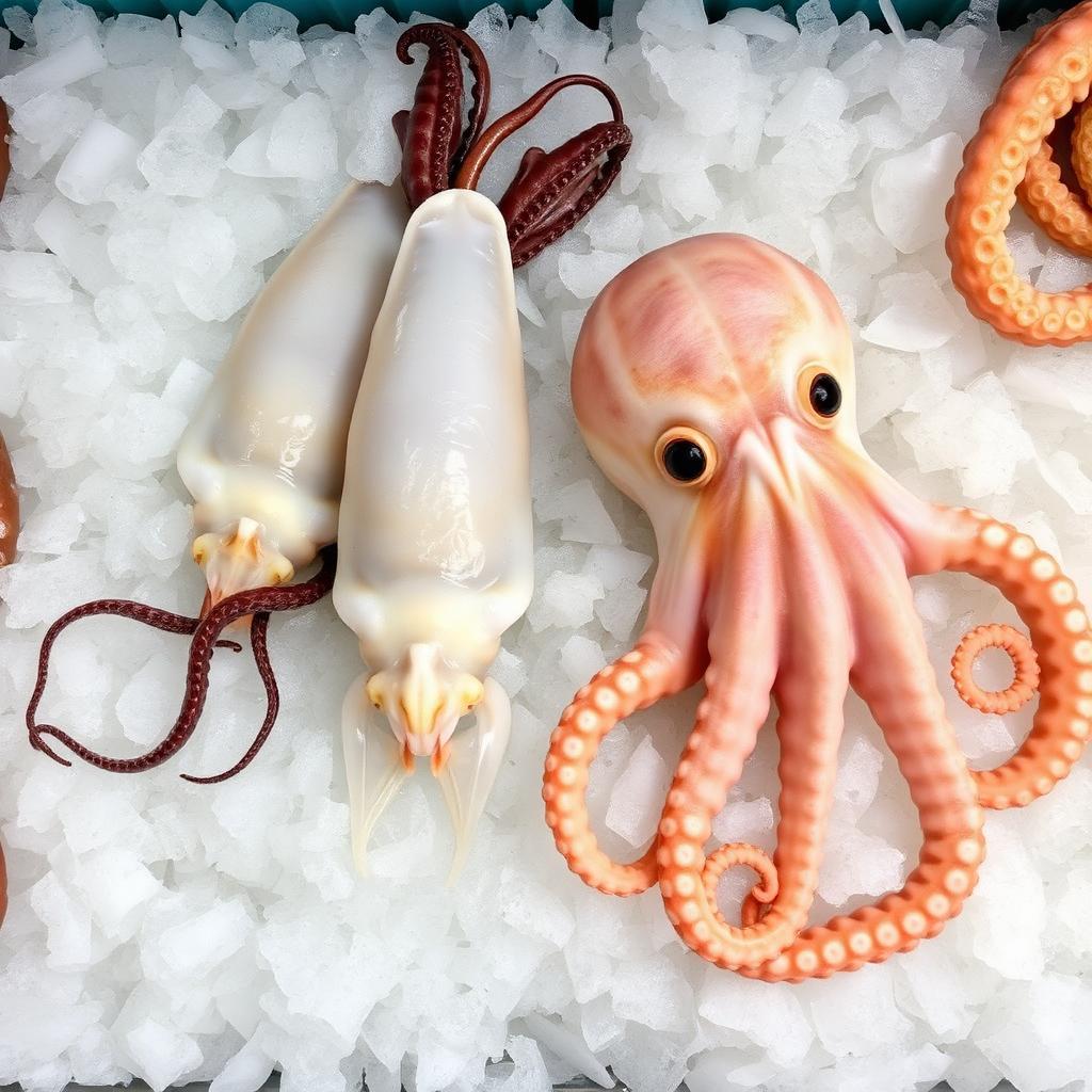 A whole fresh squid with its long torpedo mantle next to a whole fresh octopus laid on crushed ice at a seafood market