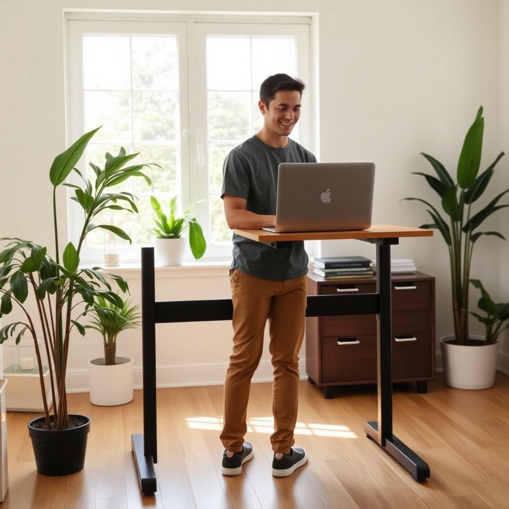Person working at a height adjustable standing desk in a bright home office