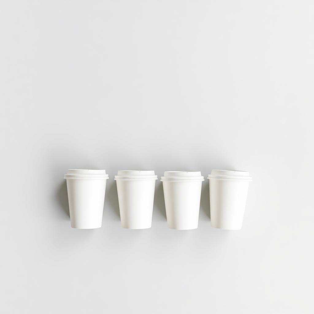 Four plain white paper coffee cups arranged smallest to largest on a light gray backdrop showing the Short, Tall, Grande, and Venti sizing lineup