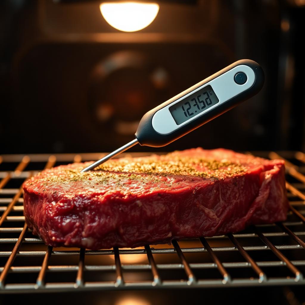Digital probe thermometer inserted into a thick raw steak resting on a wire rack inside an oven