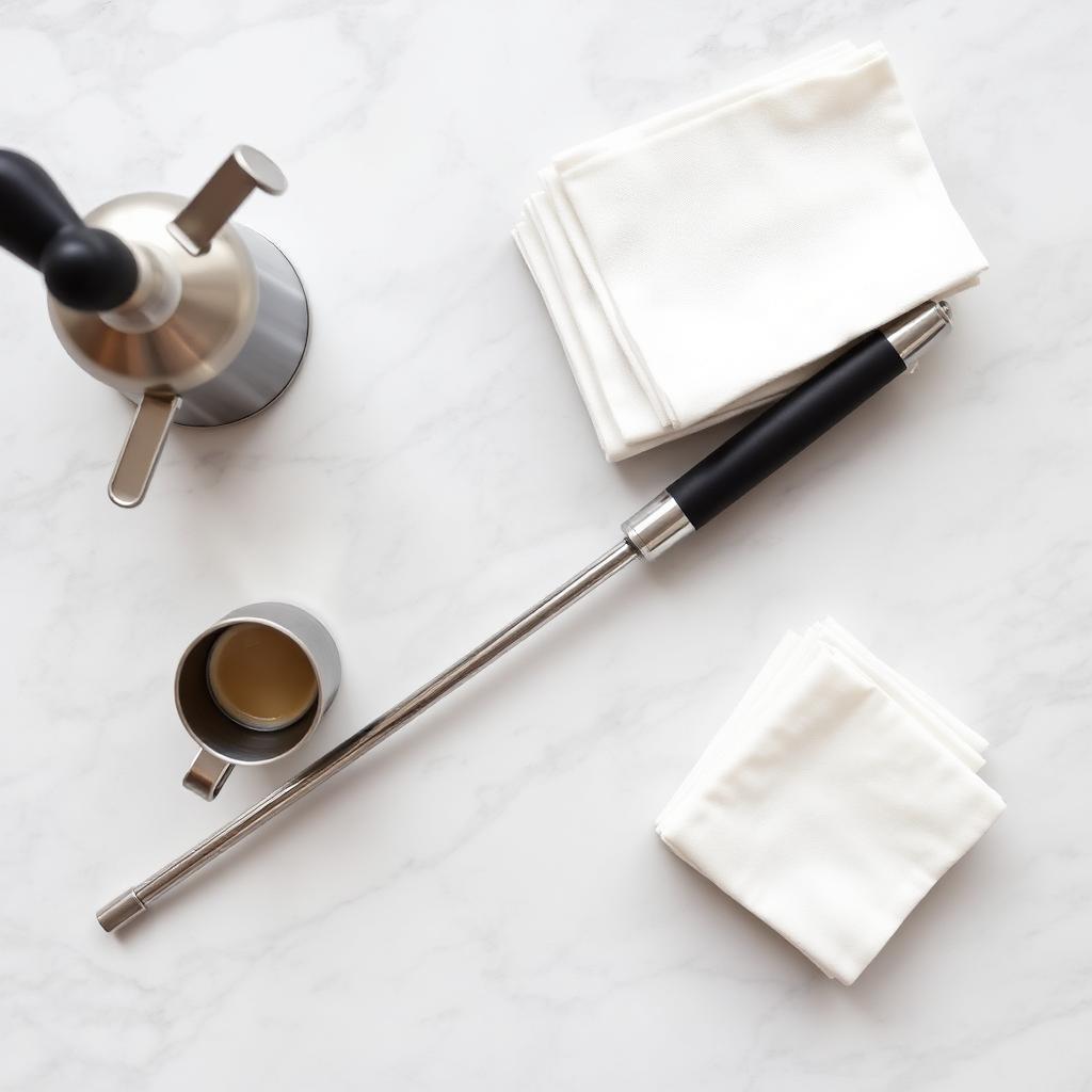A clean espresso steam wand and small metal milk pitcher on a white marble counter, showing the shared equipment baristas use across dairy and plant milks