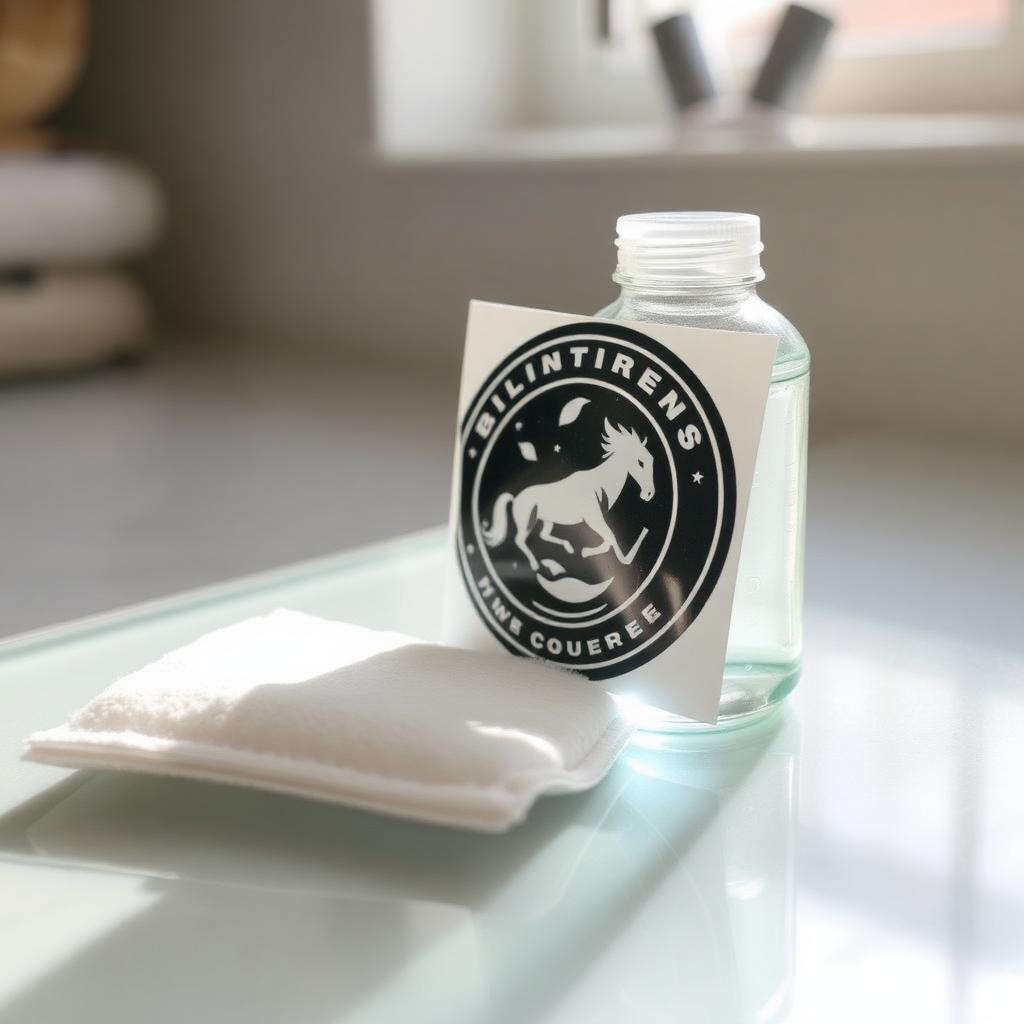 Cotton pad pressed against a paper label on a clear glass bottle on a counter