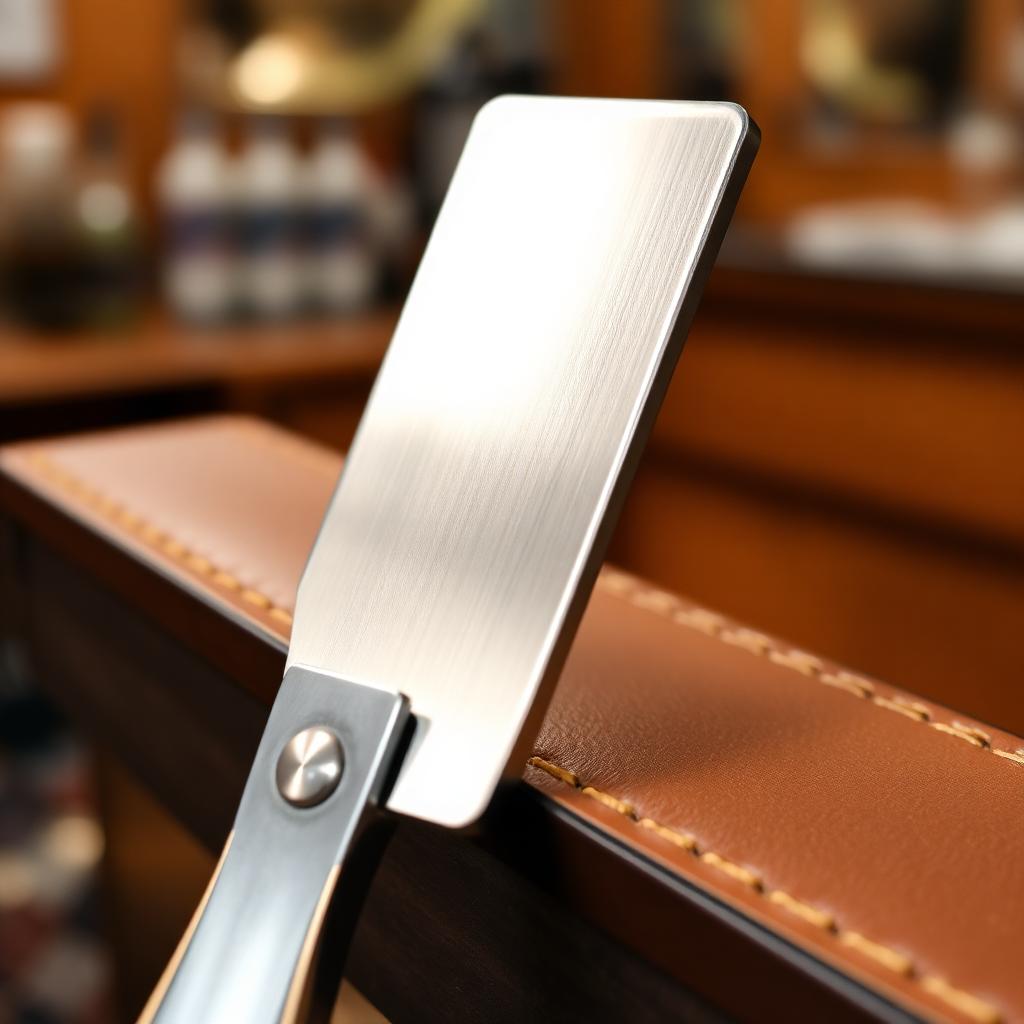 Hand stropping an open straight razor blade along a hanging brown leather strop
