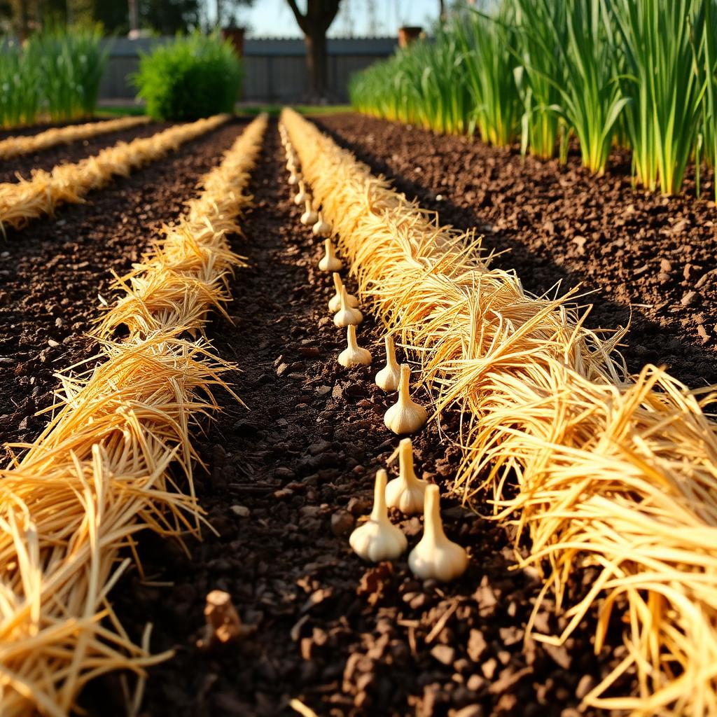 Garden bed covered with thick golden straw mulch over newly planted garlic