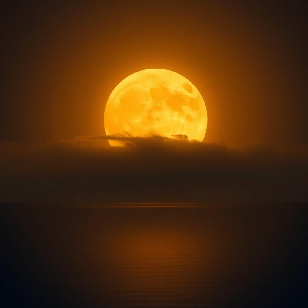 Honey gold full Strawberry Moon rising low over a calm dark sea horizon