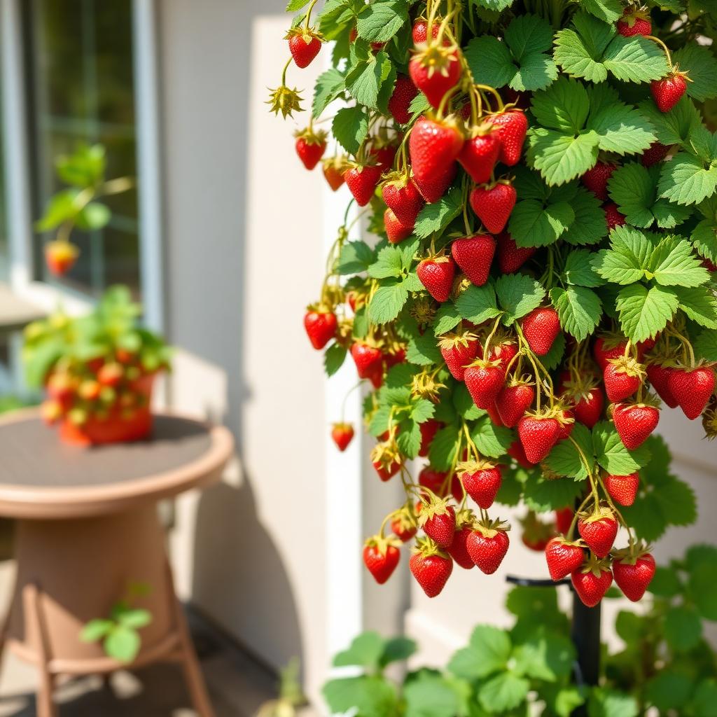 I Keep Strawberries Off the Ground: Lush strawberry tower with red berries cascading over a tiered planter on a sunny patio