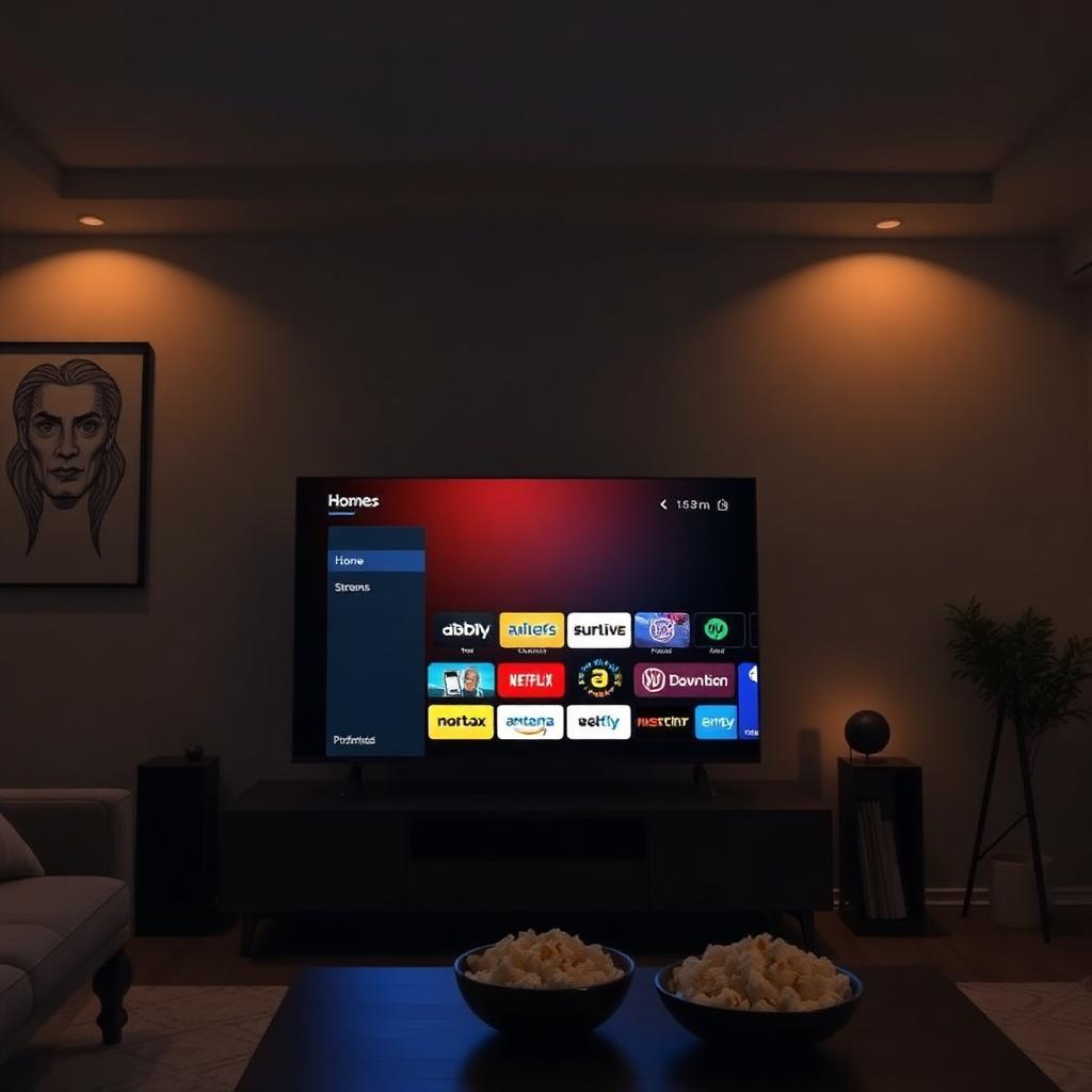 Dimly lit living room with a TV showing a streaming home menu and popcorn bowls, the setting where most viewers caught Your Fault: London on Prime Video