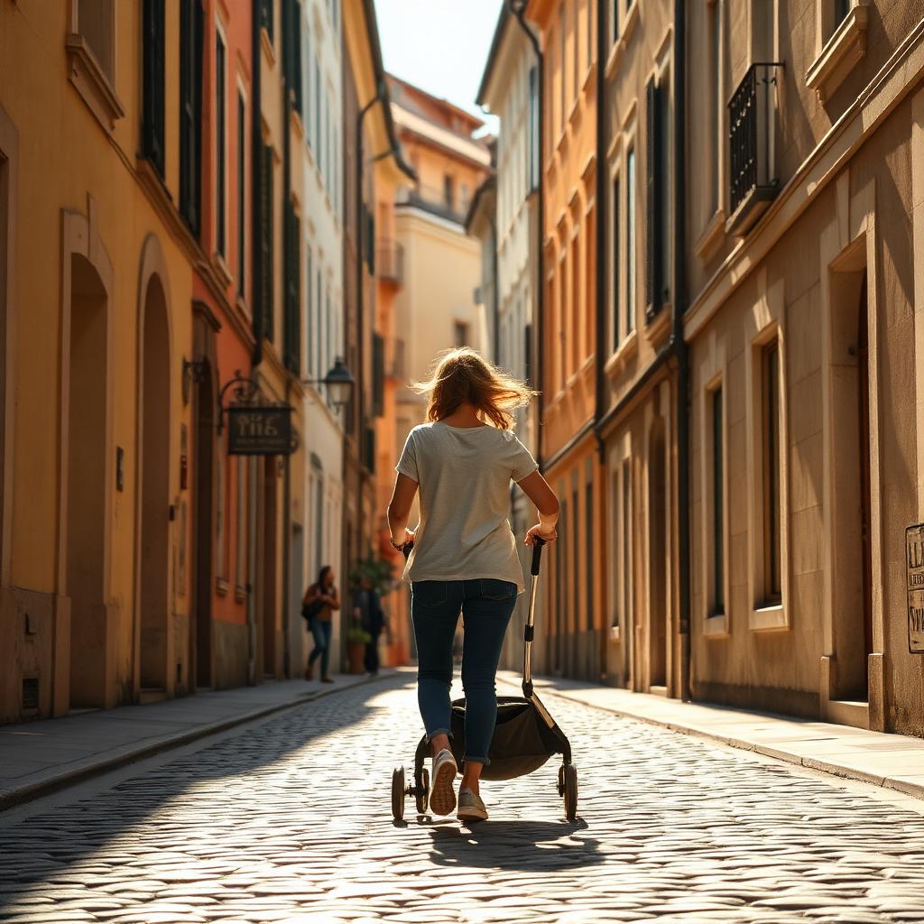 A parent pushing a modern lightweight stroller along a sunlit European cobblestone street lined with pastel buildings seen from behind