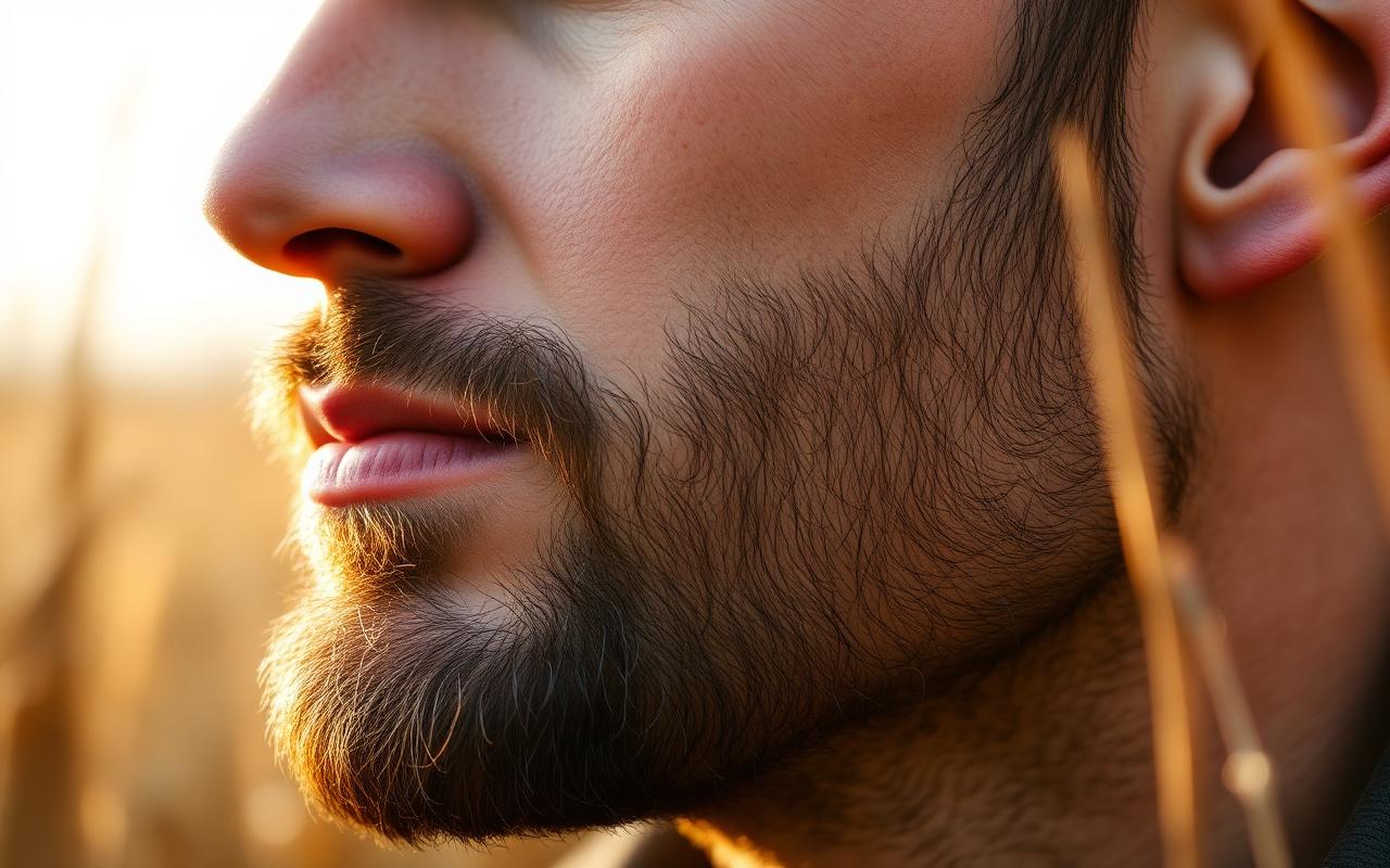 Close up of a man running a precision stubble trimmer up his cheek against the grain for even short stubble in warm morning light