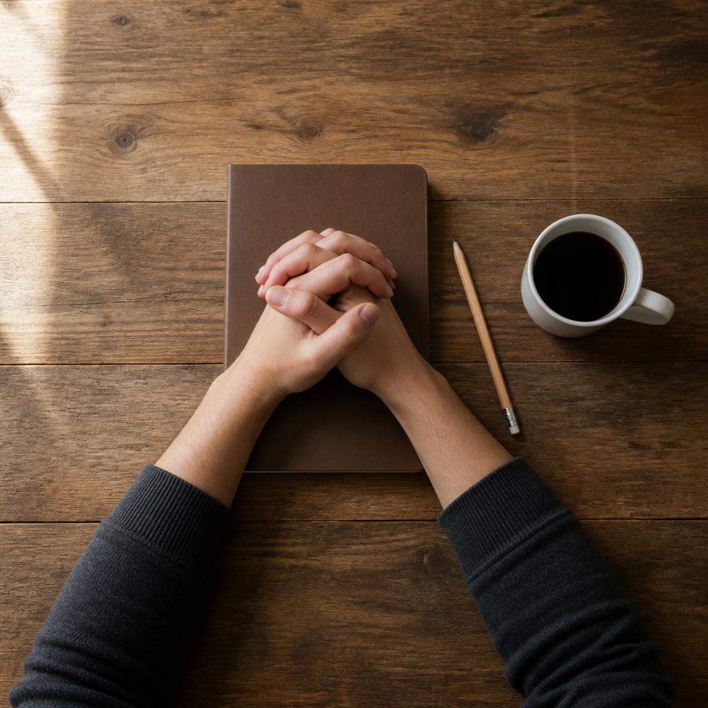 Student's hands folded on a closed notebook beside a coffee cup at a desk, a quiet moment of prayer before class
