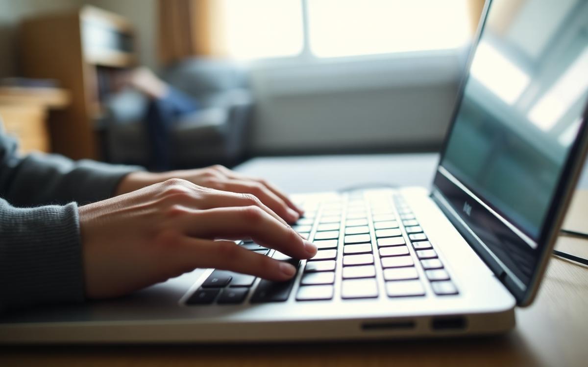 Student hands typing on a budget laptop keyboard in a bright dorm room