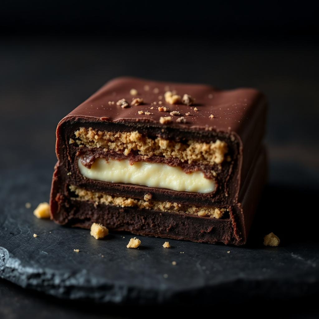 Cross section of a stuffed chocolate bar showing layers of cream filling and biscuit crumble