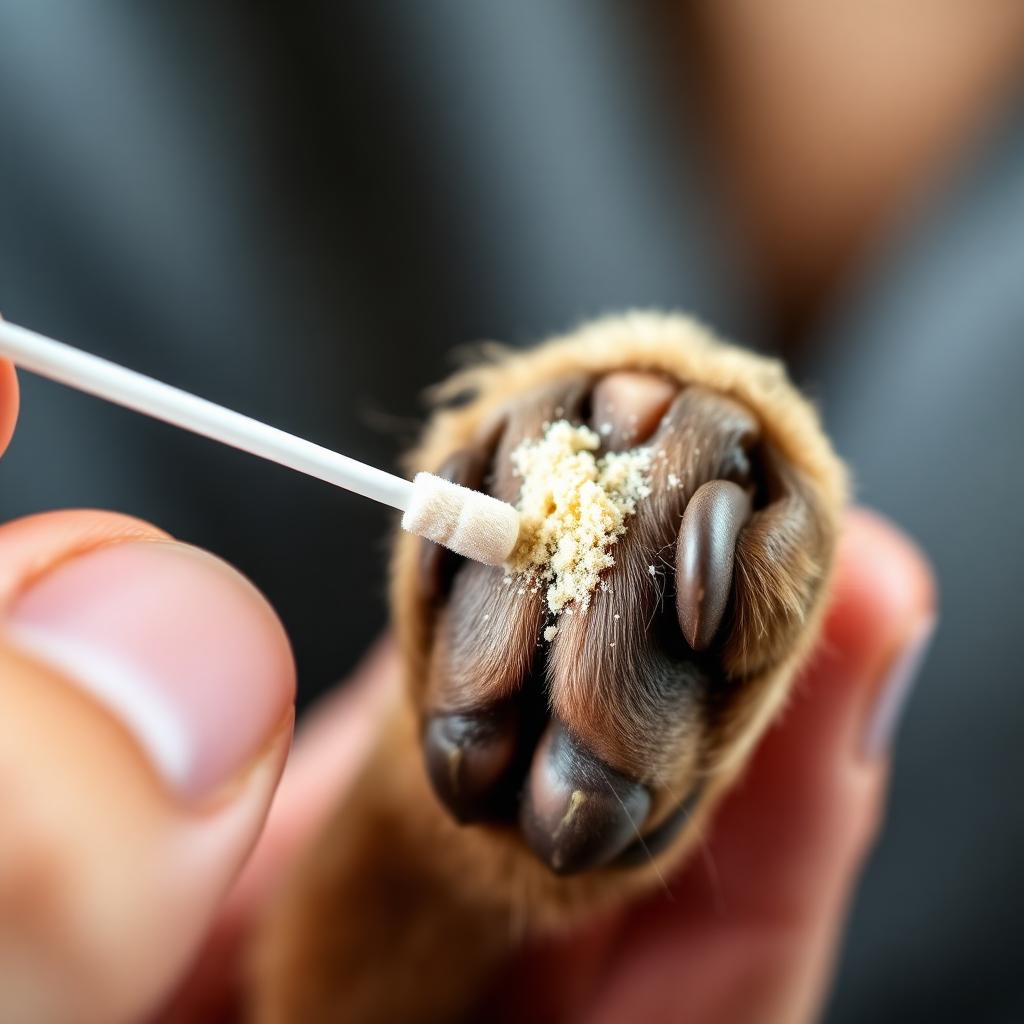 Human hand holding a small dog paw and pressing a cotton swab tipped with styptic powder against a single trimmed nail