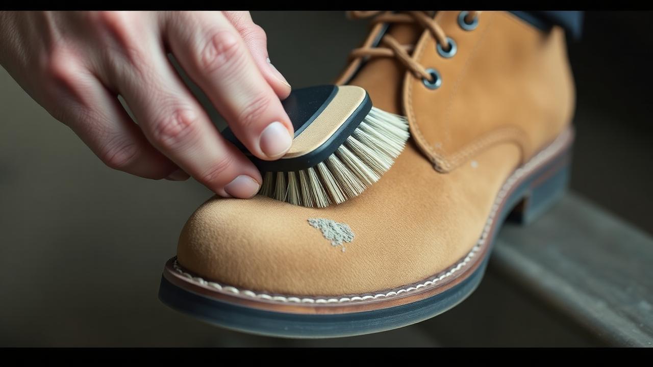 Hand using a stiff suede brush on a tan suede boot to lift dirt from the nap