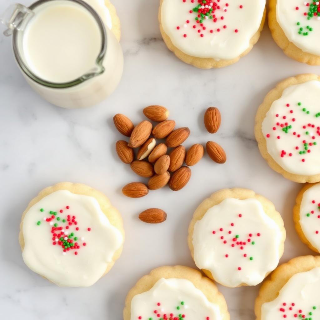 Frosted sugar cookies with red and green sprinkles arranged next to raw almonds and a small pitcher of almond milk on a marble surface, showing the ingredients of the iced sugar cookie almondmilk latte
