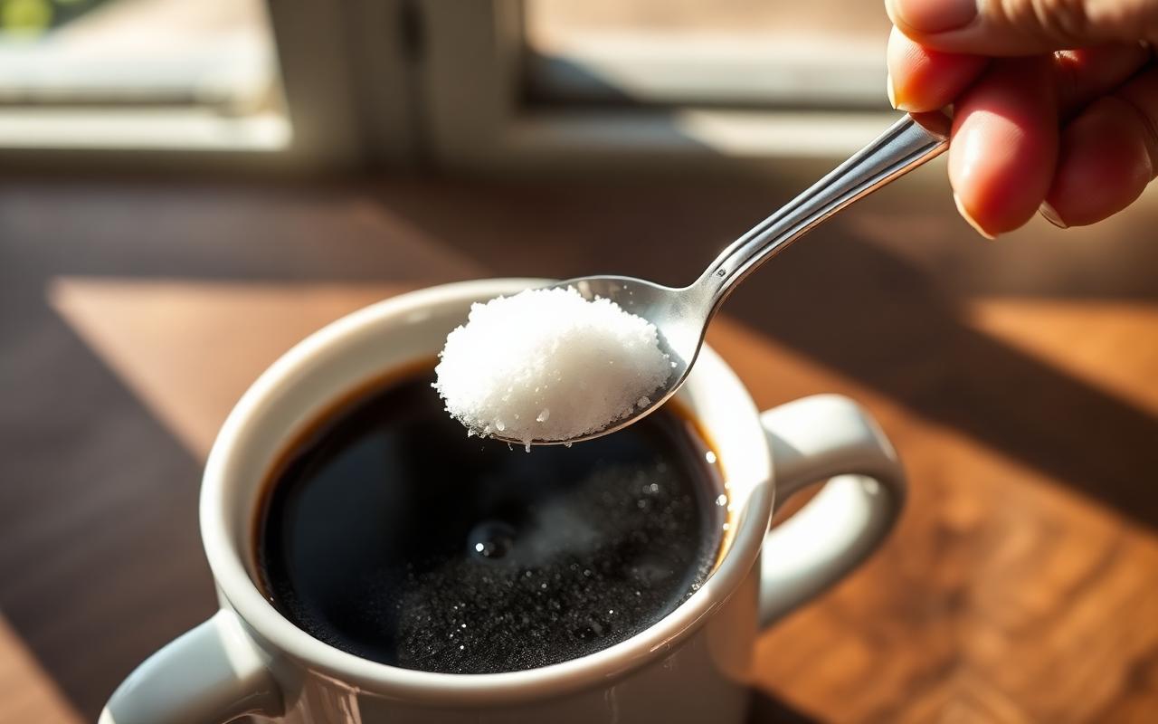 Teaspoon of white granulated sugar being added to a mug of black coffee to show a single serving of added sugar