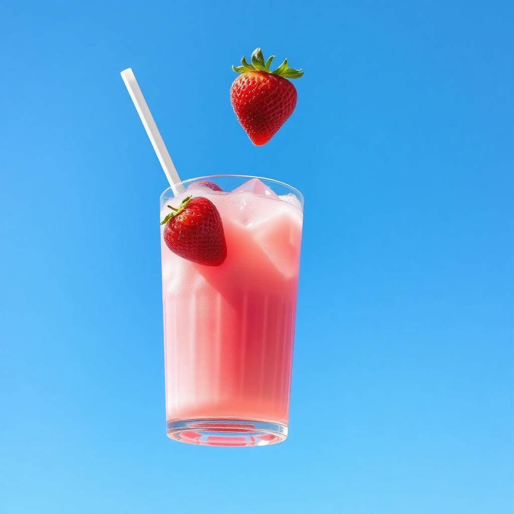 Pink strawberry summer refresher drink with ice and freeze-dried strawberry pieces in a clear glass against a bright blue summer sky