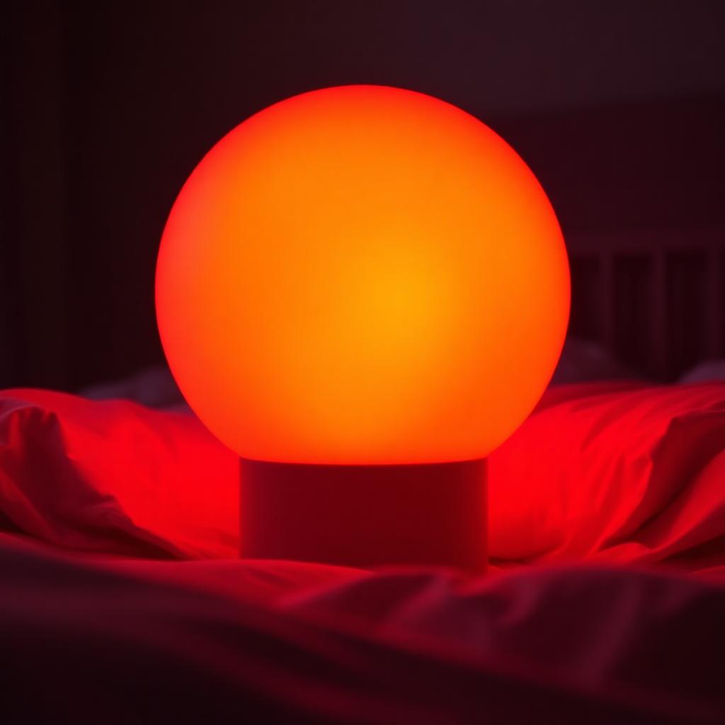 A round frosted sunrise wake-up lamp glowing warm amber orange like a rising sun in a dim bedroom, casting soft light across the pillow and linen sheets