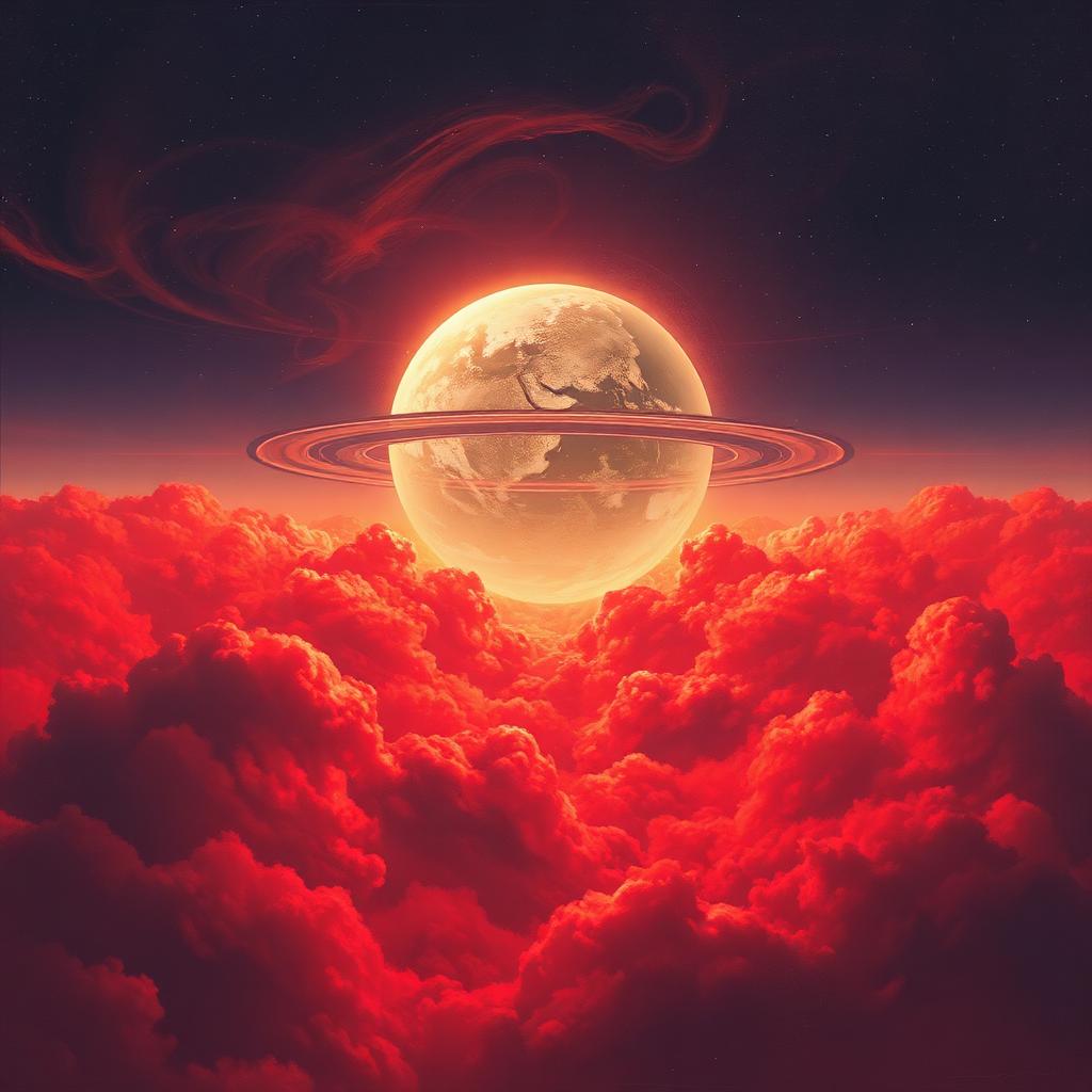 An illustrated alien ringed planet glowing above red cosmic clouds
