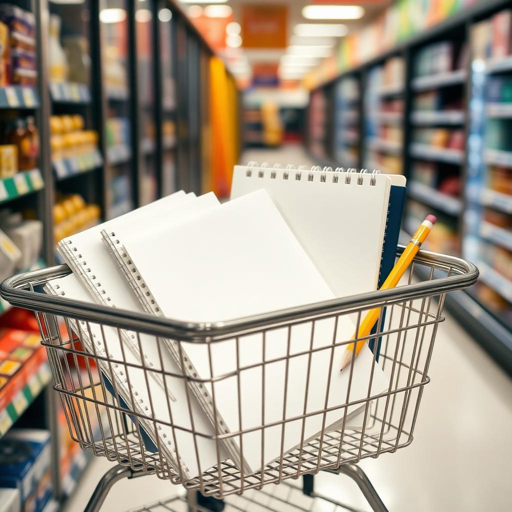 Wire shopping basket holding blank notebooks and pencils in a supermarket stationery section